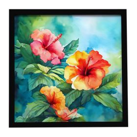 Hawaii Hawaiian Hibiscus in Watercolor Framed Metal Print Bathroom, Kitchen, Office, Home Decor Wall Art Ready to Hang, Square, 8X8
