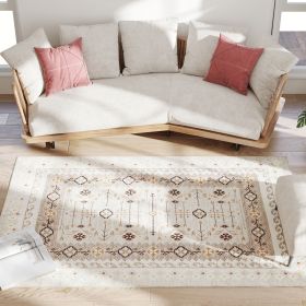 Machine Washable Area Rug 4x6, Non-Slip Boho Flannel Print Floor Carpet for Living Room, Bedroom, Dining Room, Brown